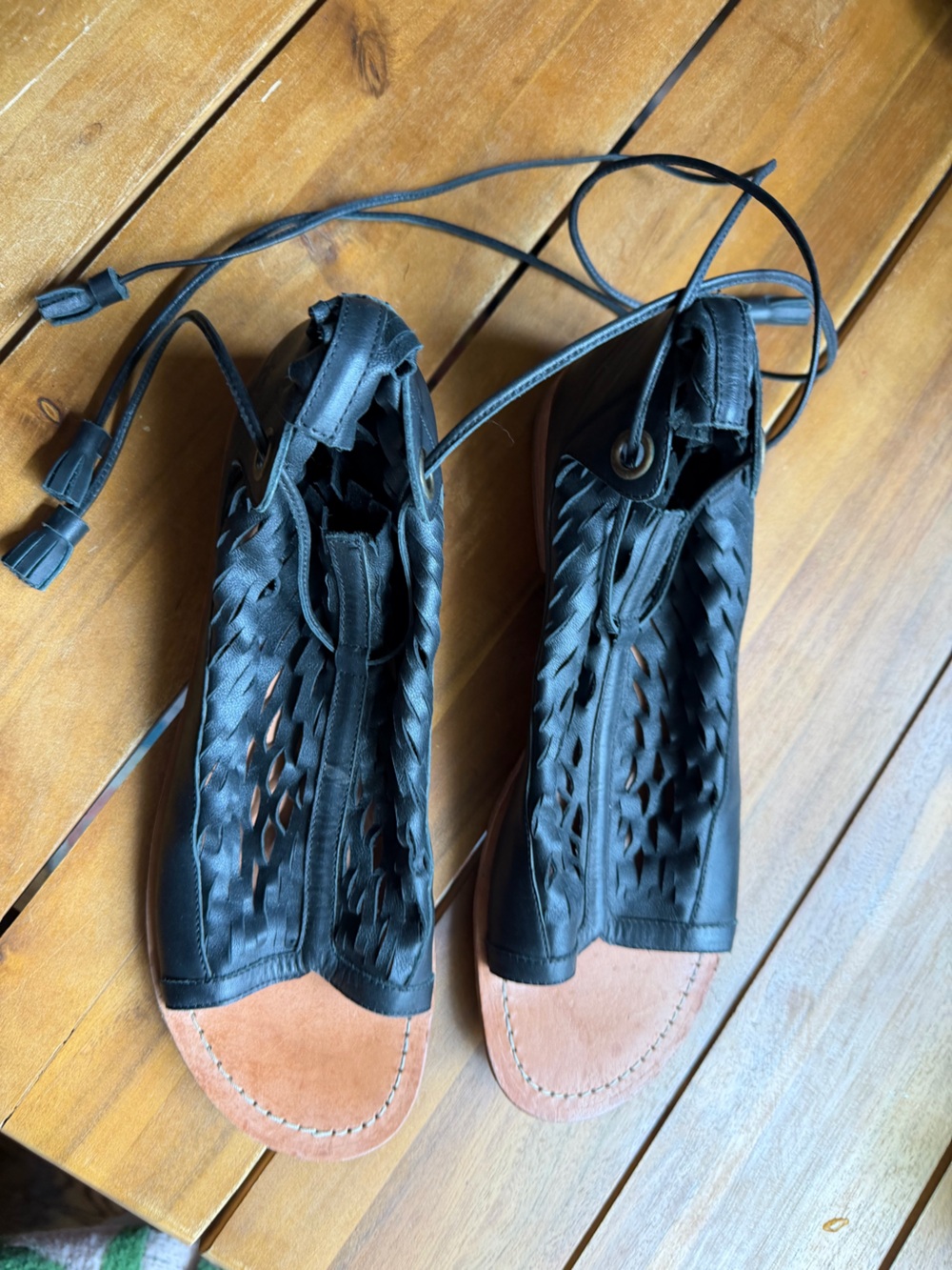 John Fluevog Ace Black Lace-Up Cutout Leather Sandals